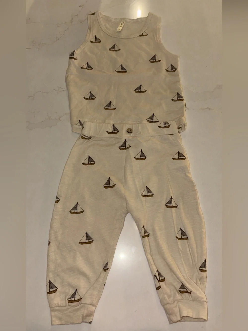 Rylee + Cru Cream 6-12 month Tank and Pants Set with Brown Sailboat Print